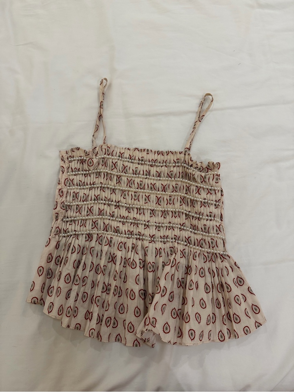 Jacqui E Cream Smocked Spaghetti‑Strap Peplum Tank with Red Print and Pearls